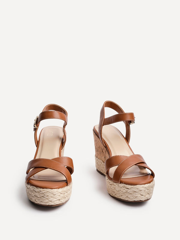Linzi Tan Faux Leather Crossover Cork Wedge With Rope Detailing