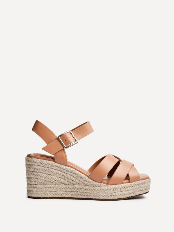 Linzi Tan Faux Leather Crossover Espadrille Platform Wedge