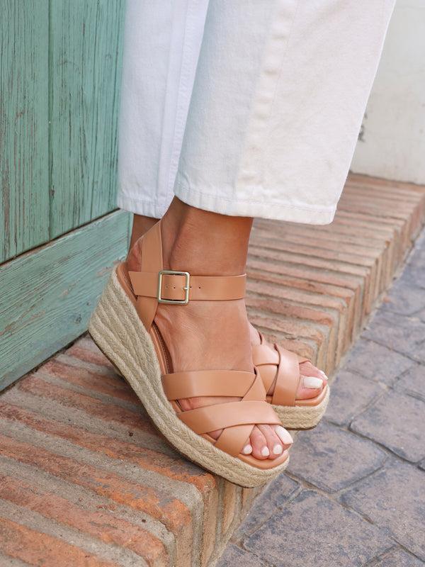 linzi Tan Faux Leather Crossover Espadrille Platform Wedge