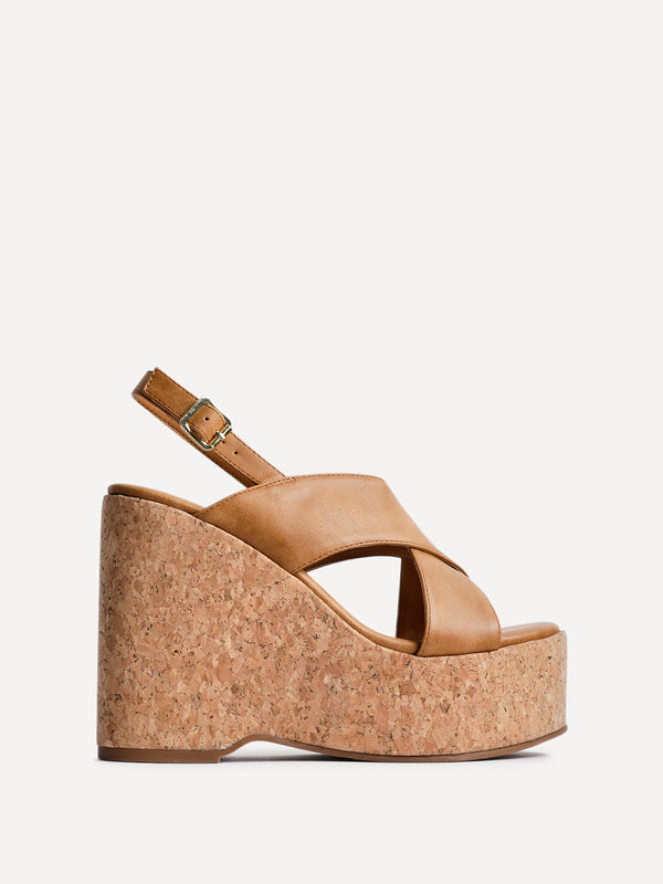 Linzi Tan Faux Leather Crossover High Platform Cork Wedge