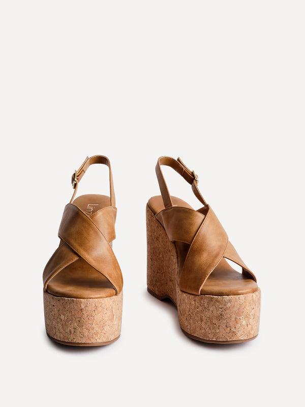 Linzi Tan Faux Leather Crossover High Platform Cork Wedge