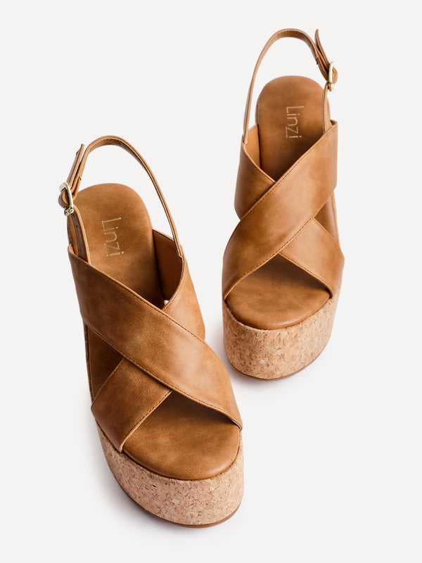 Linzi Tan Faux Leather Crossover High Platform Cork Wedge