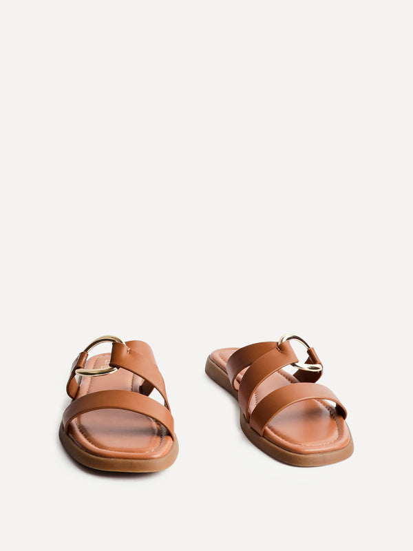 Linzi Tan Faux Leather Double Strap Sandal With Buckle Detail