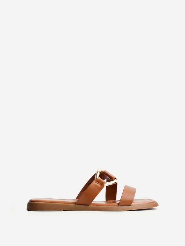 Linzi Tan Faux Leather Double Strap Sandal With Buckle Detail