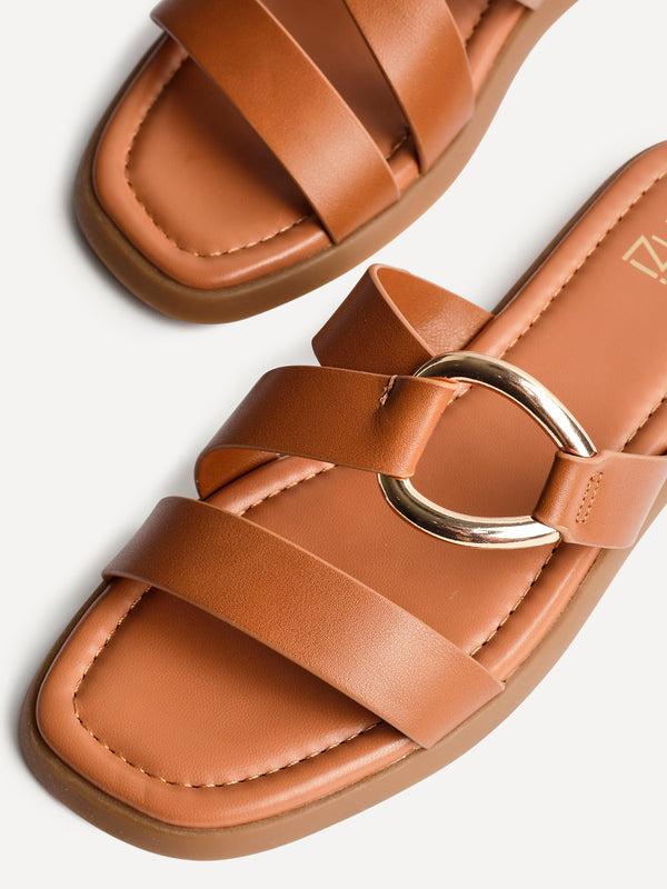 Linzi Tan Faux Leather Double Strap Sandal With Buckle Detail