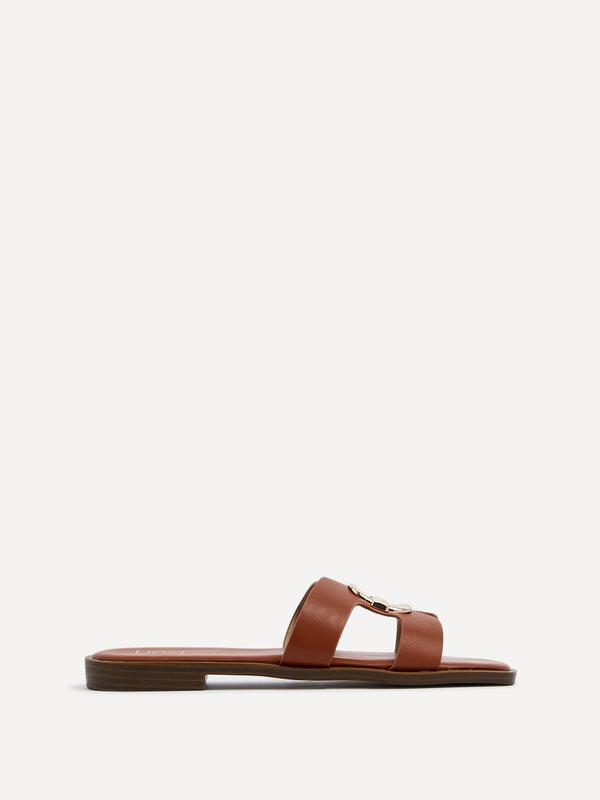 Linzi Tan Faux Leather Flat Sandal With Gold Embellished Detail