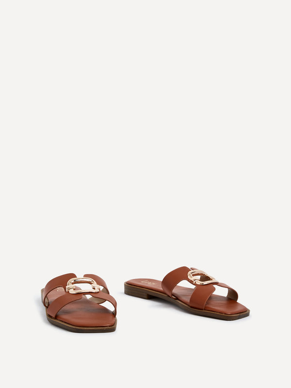 Linzi Tan Faux Leather Flat Sandal With Gold Embellished Detail