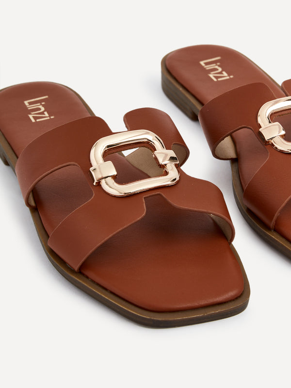 Linzi Tan Faux Leather Flat Sandal With Gold Embellished Detail