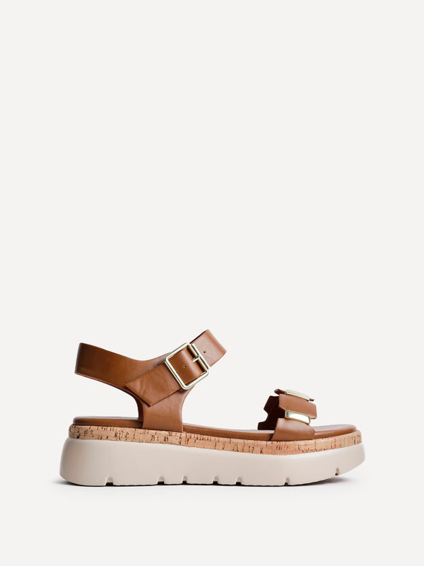 Linzi Tan Faux Leather Flatform Sandal With Gold Detailing