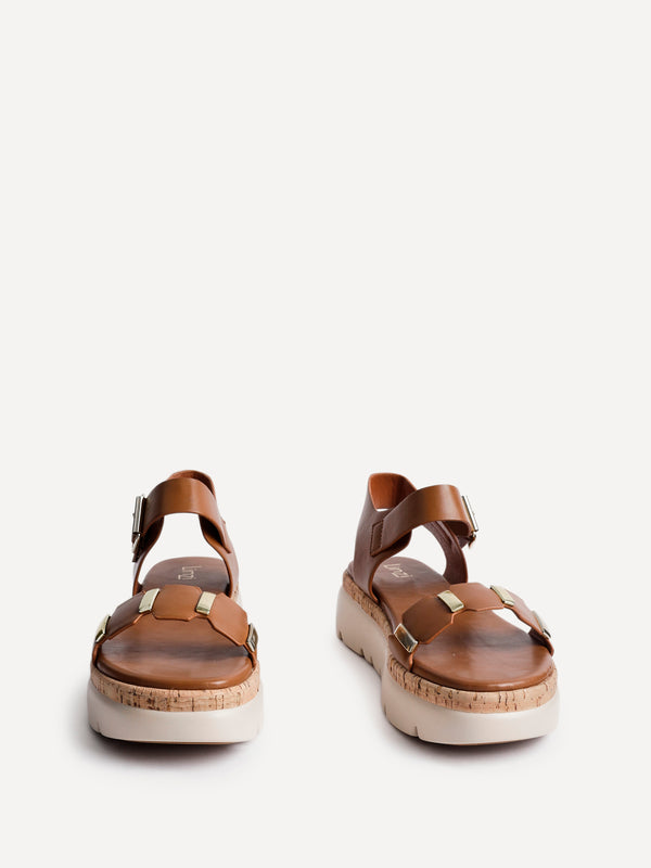 Linzi Tan Faux Leather Flatform Sandal With Gold Detailing