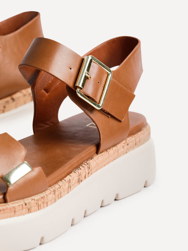 Linzi Tan Faux Leather Flatform Sandal With Gold Detailing