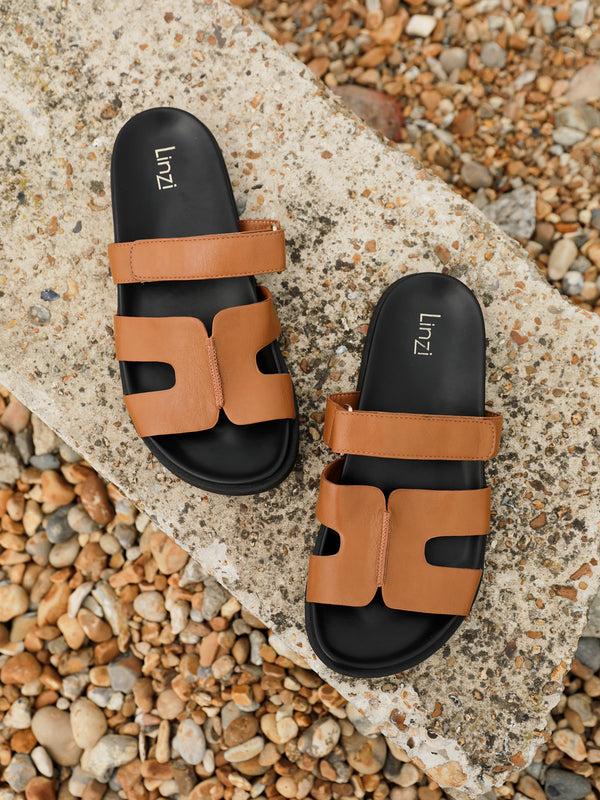 linzi Tan Faux Leather Footbed Linked Design Sandal