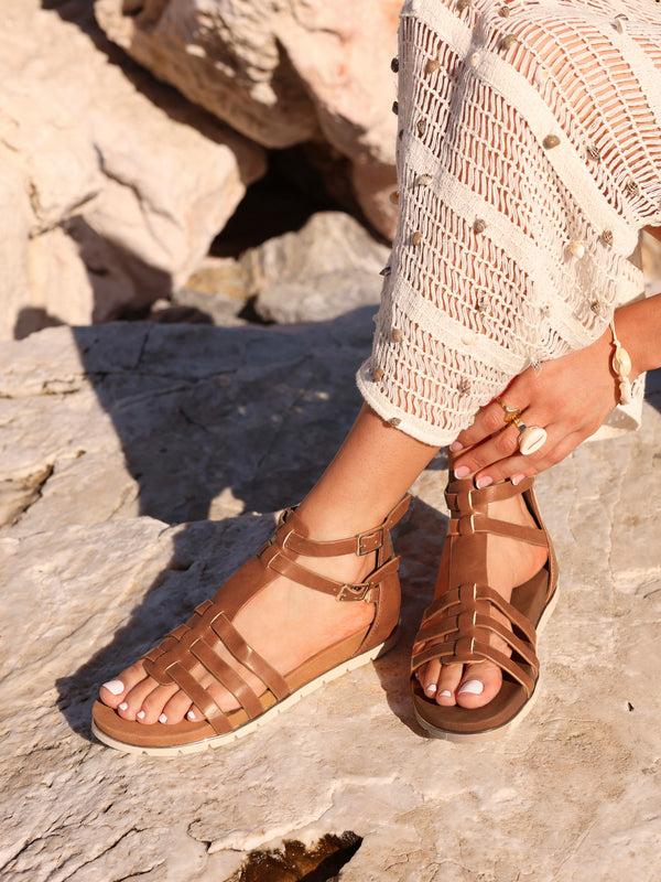 linzi Tan Faux Leather Gladiator Style T Bar Sandals