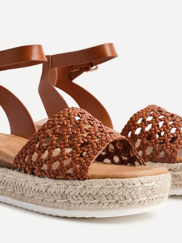 Linzi Tan Faux Leather Handwoven Espadrille Flatform Sandal