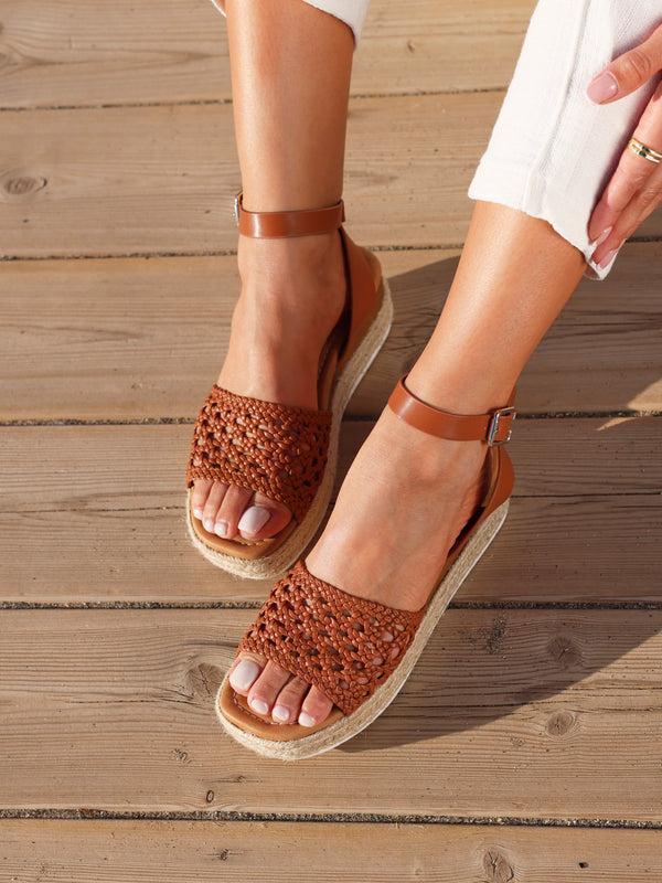 linzi Tan Faux Leather Handwoven Espadrille Flatform Sandal