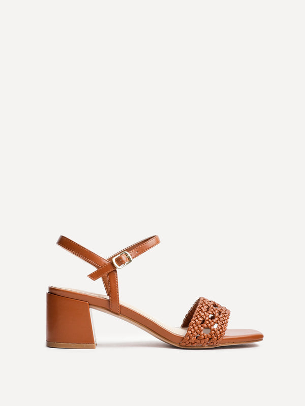 Linzi Tan Faux Leather Handwoven Low Block Heeled Sandal