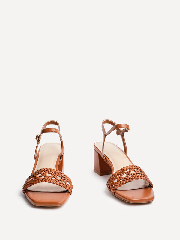 Linzi Tan Faux Leather Handwoven Low Block Heeled Sandal
