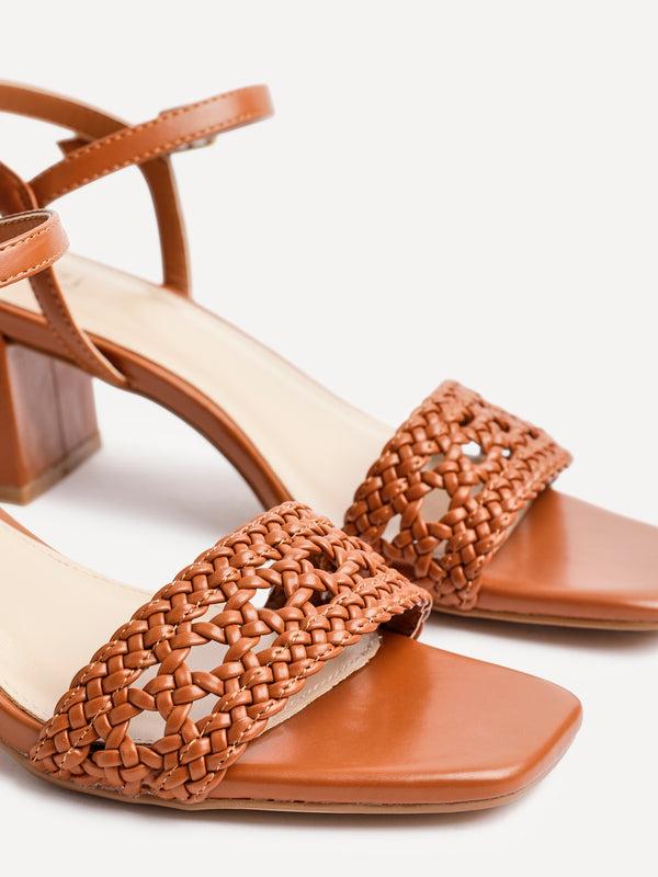 Linzi Tan Faux Leather Handwoven Low Block Heeled Sandal