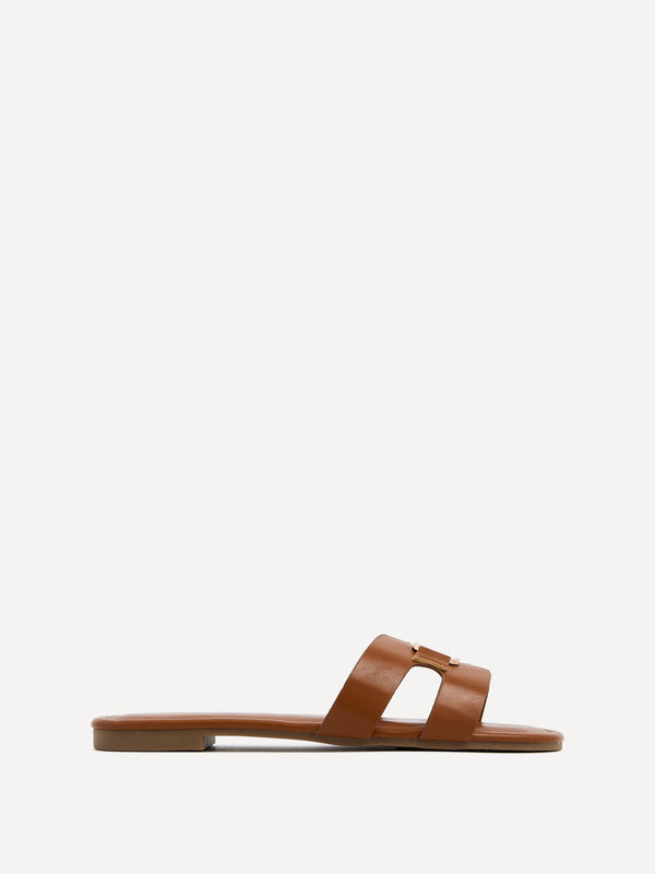 Linzi Tan Faux Leather Slider Sandal With Gold Buckle