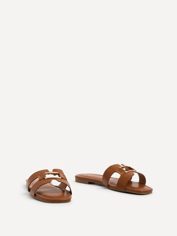 Linzi Tan Faux Leather Slider Sandal With Gold Buckle