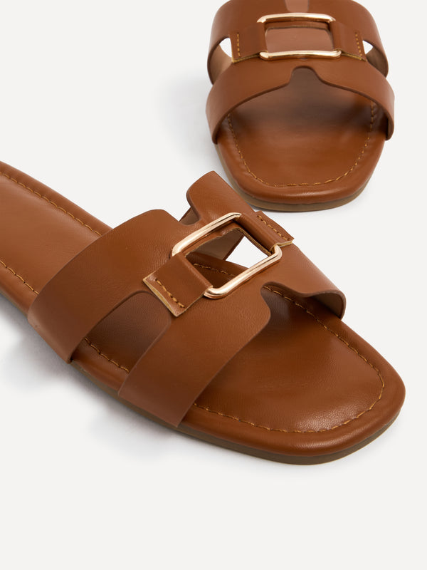 Linzi Tan Faux Leather Slider Sandal With Gold Buckle