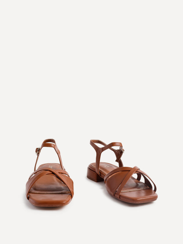 Linzi Tan Faux Leather Strappy Low Block Heeled Sandal