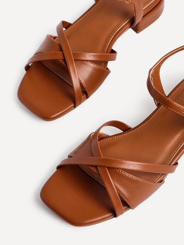 Linzi Tan Faux Leather Strappy Low Block Heeled Sandal