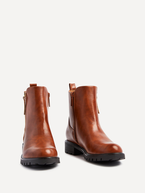 Linzi Tan Faux Leather Stretch Panel Ankle Boot & Outer Zip Detail