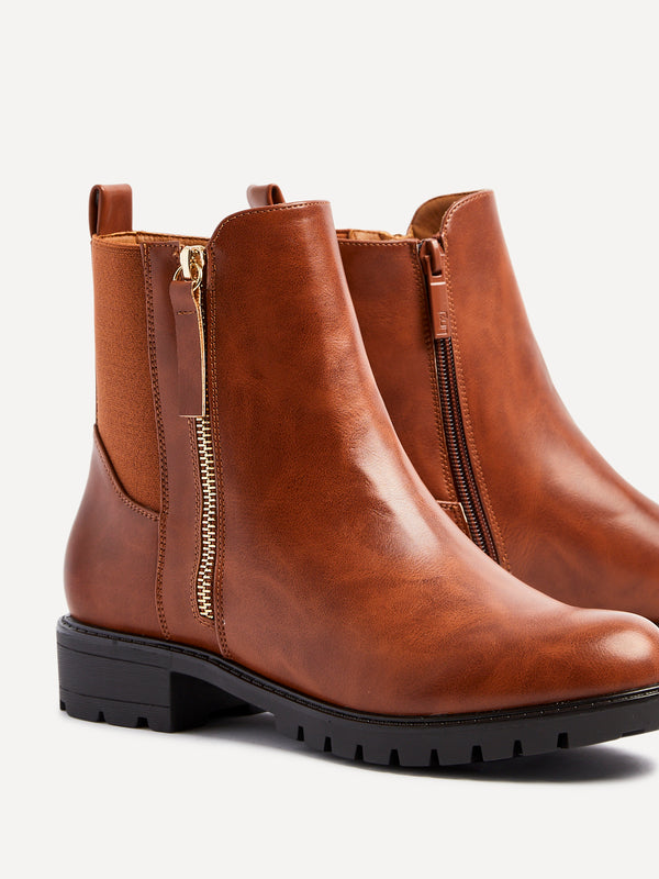 Linzi Tan Faux Leather Stretch Panel Ankle Boot & Outer Zip Detail