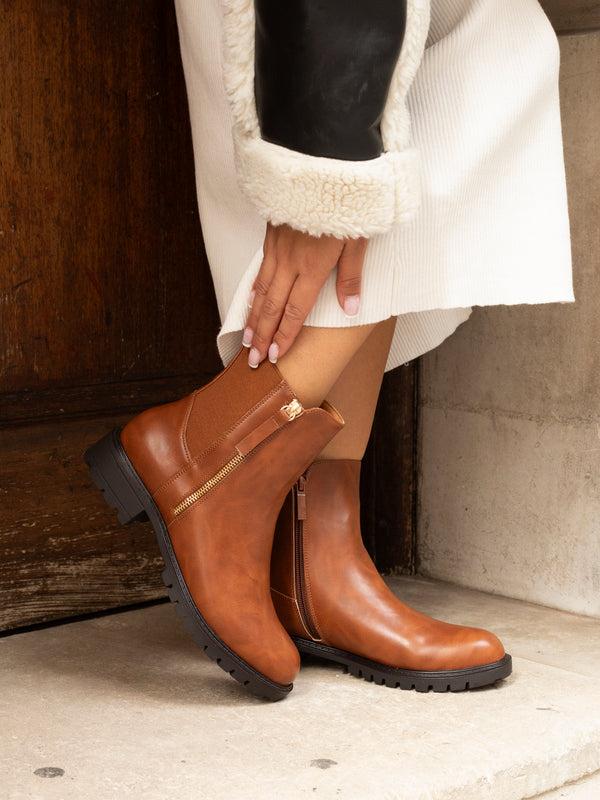 linzi Tan Faux Leather Stretch Panel Ankle Boot & Outer Zip Detail