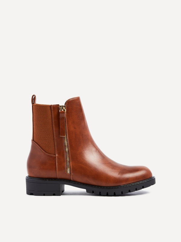 Linzi Tan Faux Leather Stretch Panel Ankle Boot & Outer Zip Detail