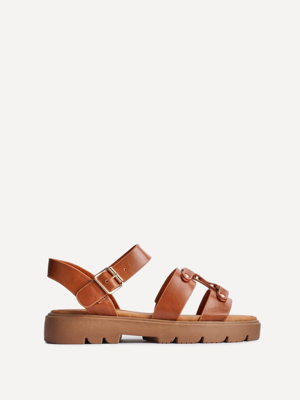 Linzi Tan Faux Leather Studded Gladiator Chunky Sandals