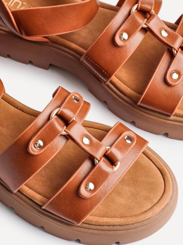 Linzi Tan Faux Leather Studded Gladiator Chunky Sandals