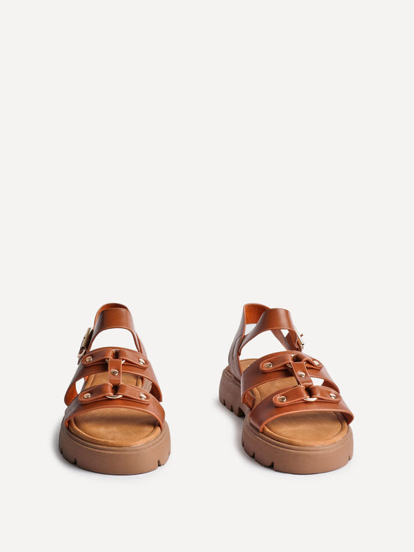 Linzi Tan Faux Leather Studded Gladiator Chunky Sandals