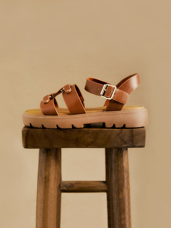 linzi Tan Faux Leather Studded Gladiator Chunky Sandals