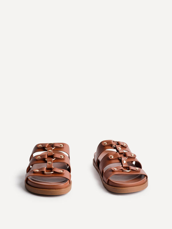 Linzi Tan Faux Leather Studded Gladiator Slip On Sandals