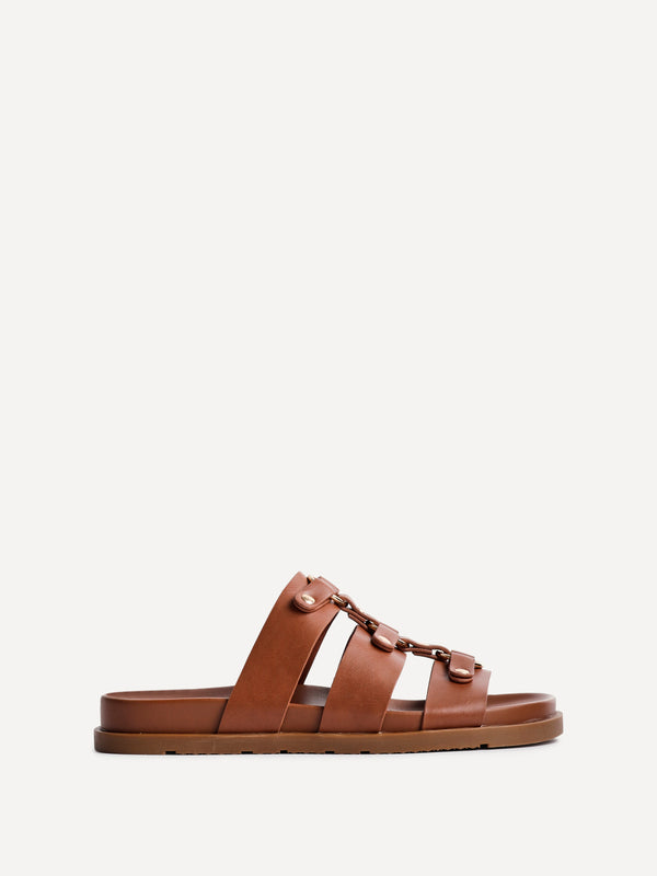 Linzi Tan Faux Leather Studded Gladiator Slip On Sandals