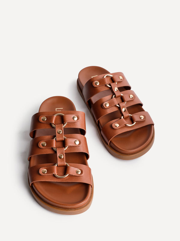 Linzi Tan Faux Leather Studded Gladiator Slip On Sandals