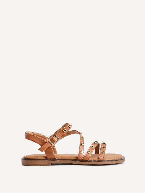 Linzi Tan Faux Leather Studded Gladiator Style Flat Sandal