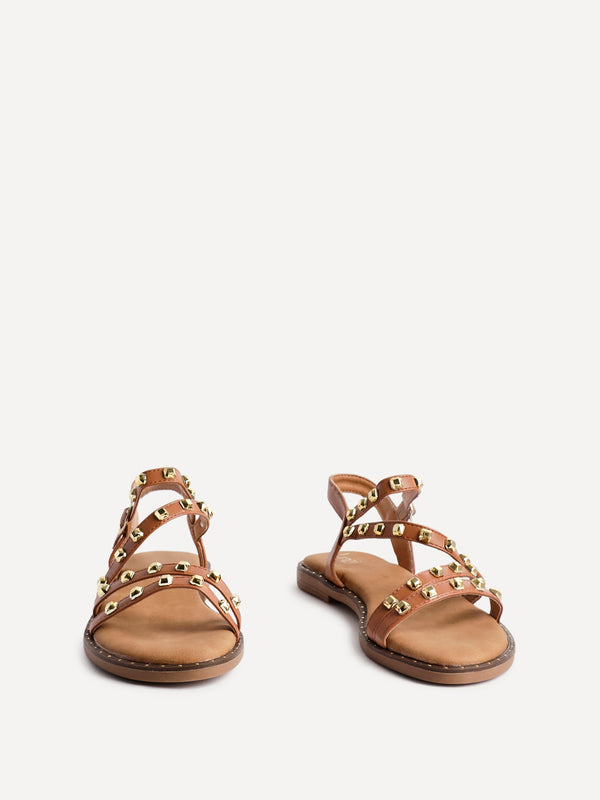 Linzi Tan Faux Leather Studded Gladiator Style Flat Sandal
