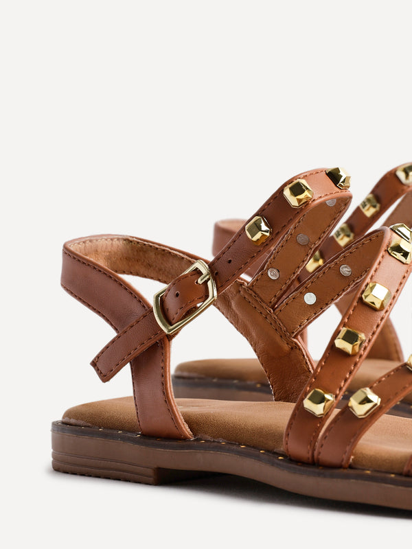 Linzi Tan Faux Leather Studded Gladiator Style Flat Sandal
