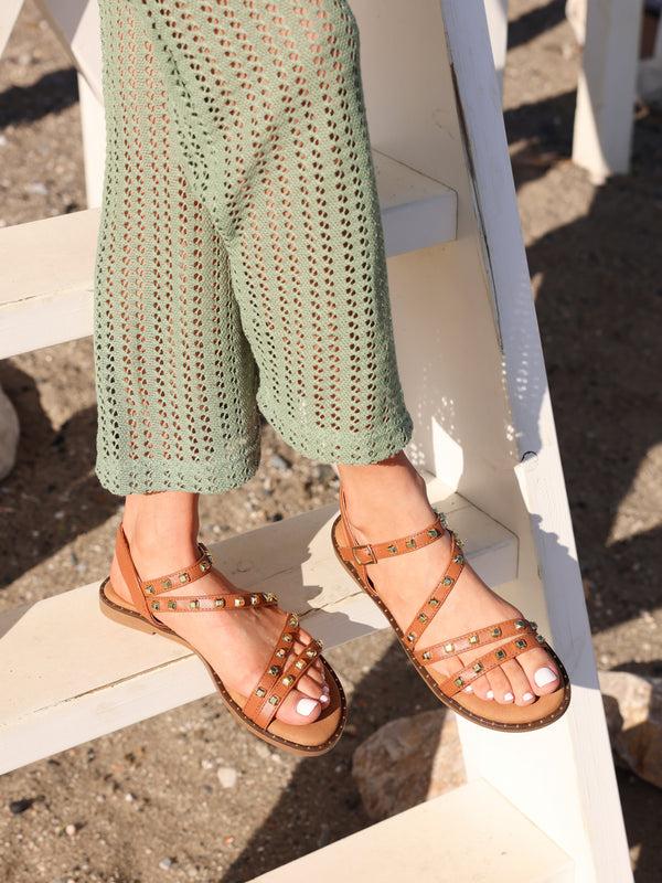 linzi Tan Faux Leather Studded Gladiator Style Flat Sandal