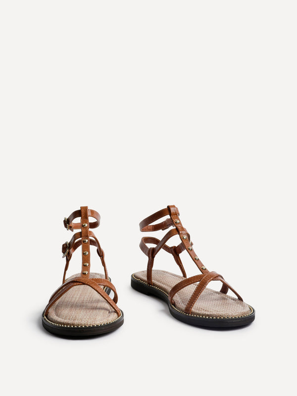 Linzi Tan Faux Leather Studded Gladiator Style Sandal