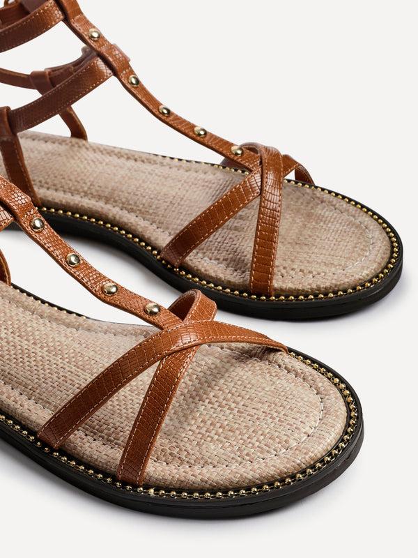 Linzi Tan Faux Leather Studded Gladiator Style Sandal