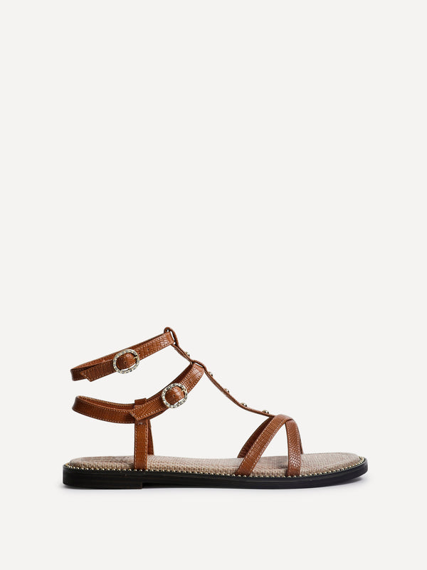 Linzi Tan Faux Leather Studded Gladiator Style Sandal