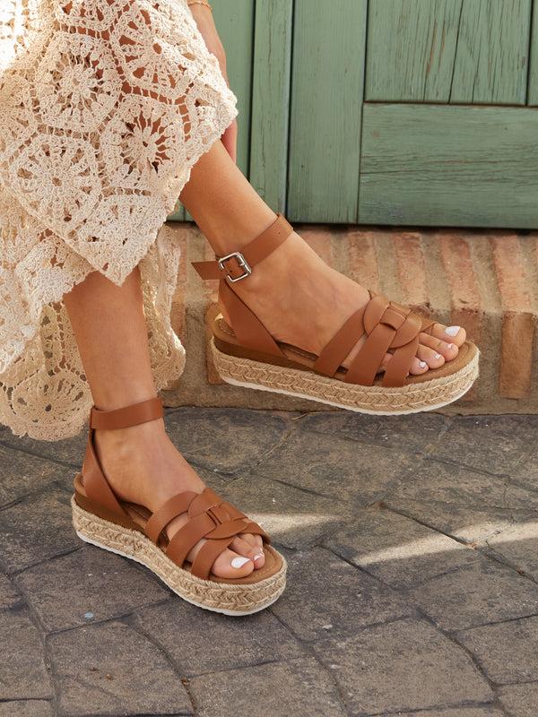 linzi Tan Faux Leather Woven Espadrille Inspired Flatform Sandal