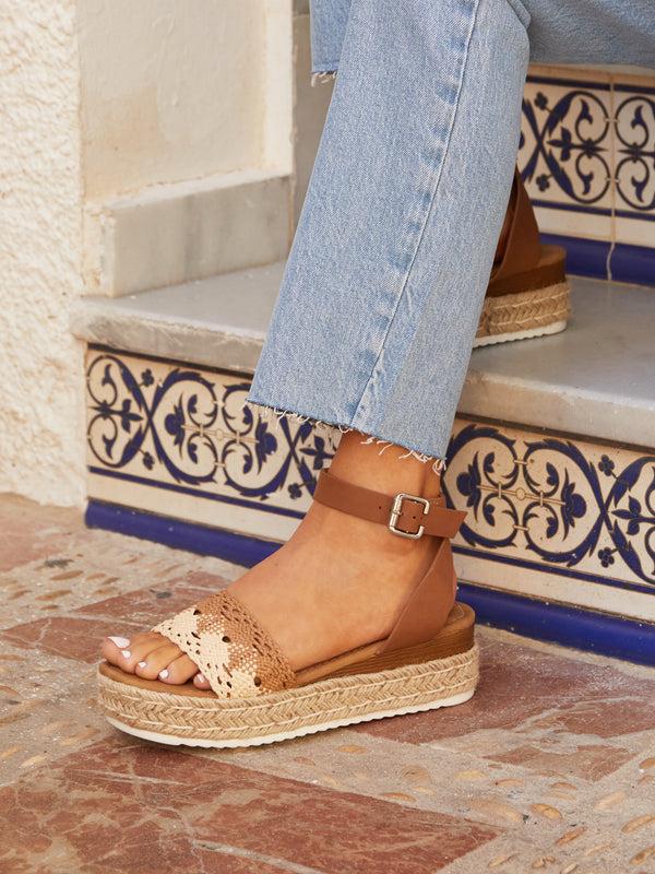 linzi Tan Faux Nubuck Flatform Sandal With Woven Upper