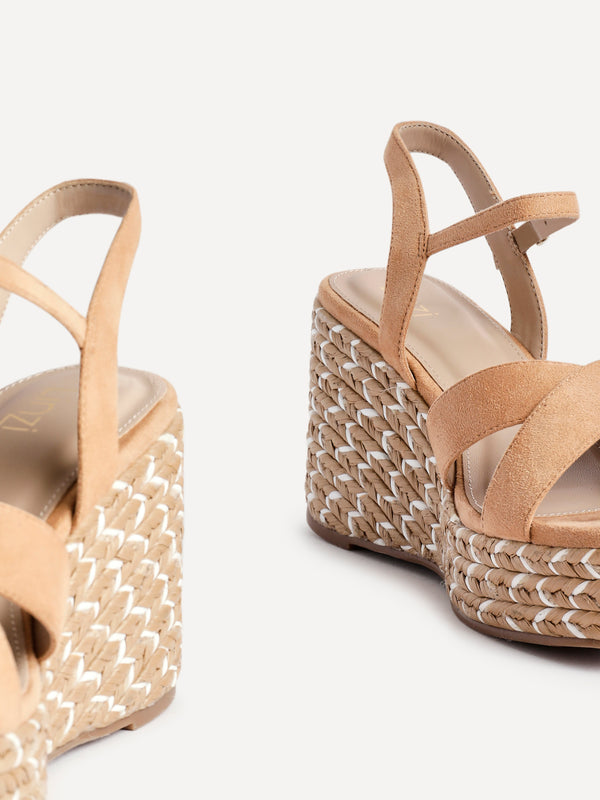 Linzi Tan Faux Suede Braided Wedge With Crossover Front Strap