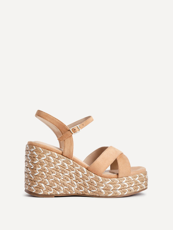 Linzi Tan Faux Suede Braided Wedge With Crossover Front Strap