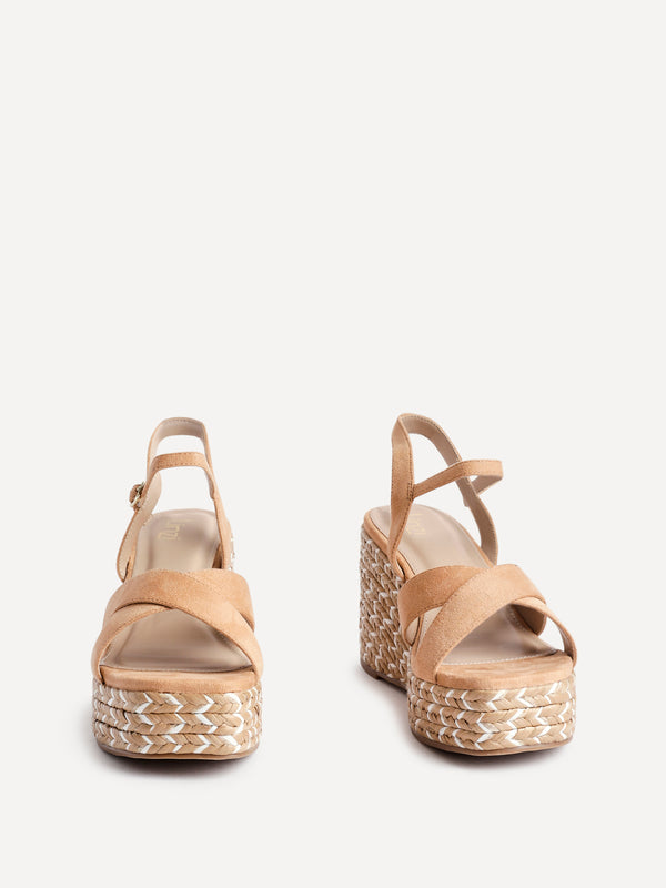 Linzi Tan Faux Suede Braided Wedge With Crossover Front Strap